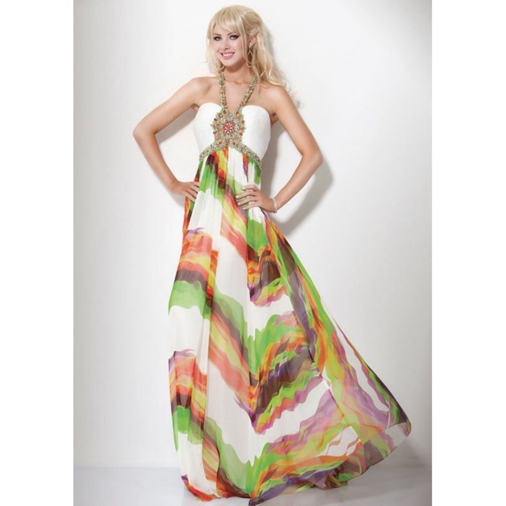 Y2K Jovani Prom Formal Dress White Multicolor Colorful Jewels Sparkly Size 14